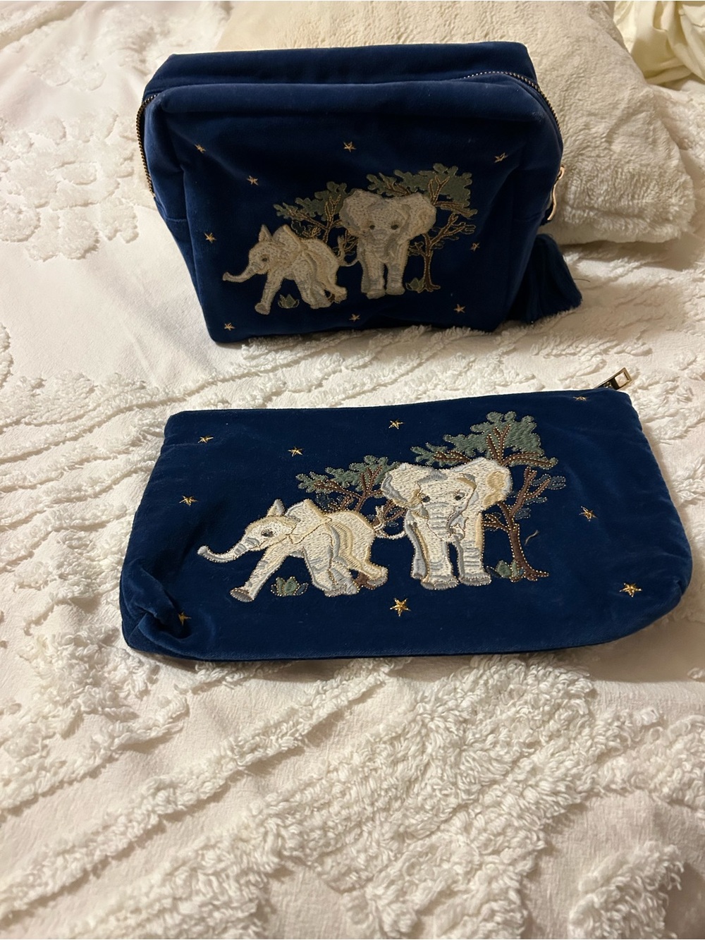 Velvet Elephant Embroidered Cosmetic Pouch Set in Navy